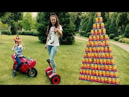 Den Pretend Play with COLORED CUPS and Ride on Mini Sport Bike for funny kids