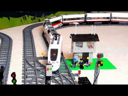 Long train arriving and leaving Lego City railway station