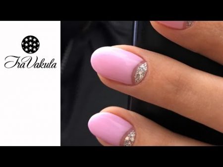 Silver Glitter Pink Gel polish Half Moon manicure Nail Art step by step IraVakula
