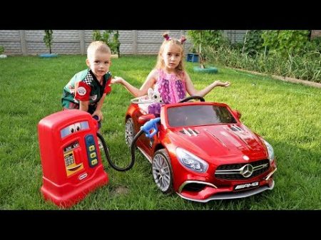Kids Melissa and Arthur ride on power wheels The car ran out of petrol Arthur helps the Girl
