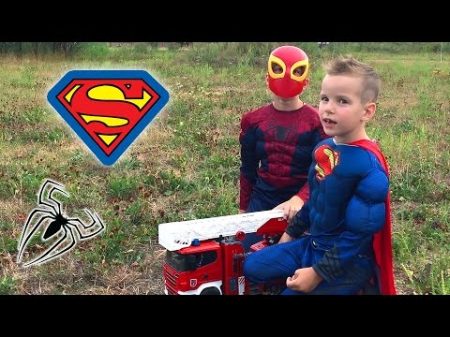 Челове к пау к и Cупермен Дети СУПЕРГЕРОИ спасают лес пожарной машиной BRUDER Spider Man Superman